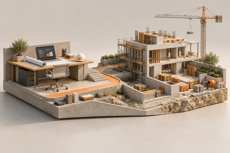 Illustrazione di ufficio e cantiere collegati nello stesso progetto