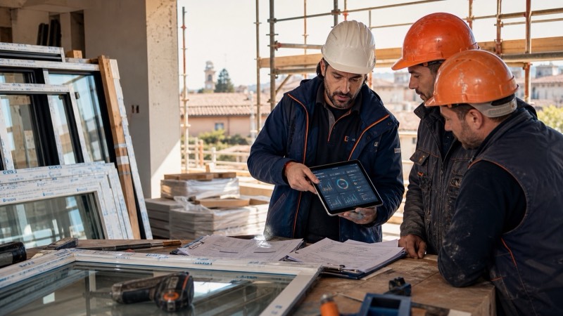 Squadra in cantiere che usa Edilizia in Cloud dal telefono