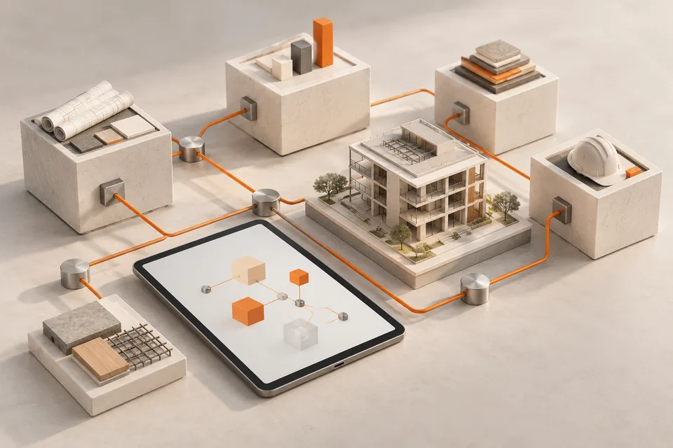 Illustrazione di attività e strumenti digitali collegati attorno a un progetto