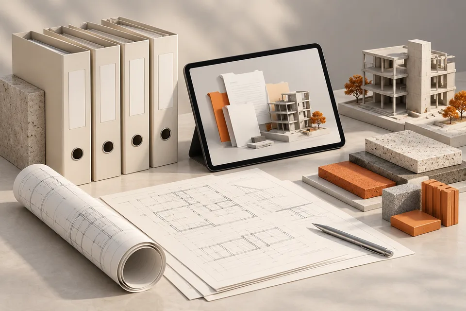 Illustrazione di documenti e materiali organizzati attorno a un progetto edile