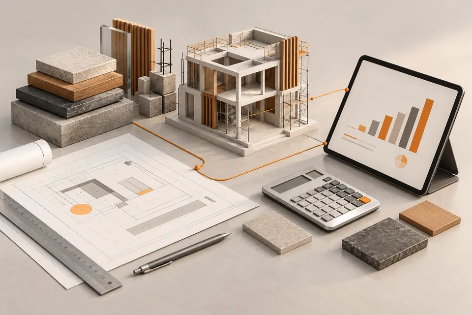 Illustrazione di un progetto edile con materiali e strumenti per il controllo dei costi
