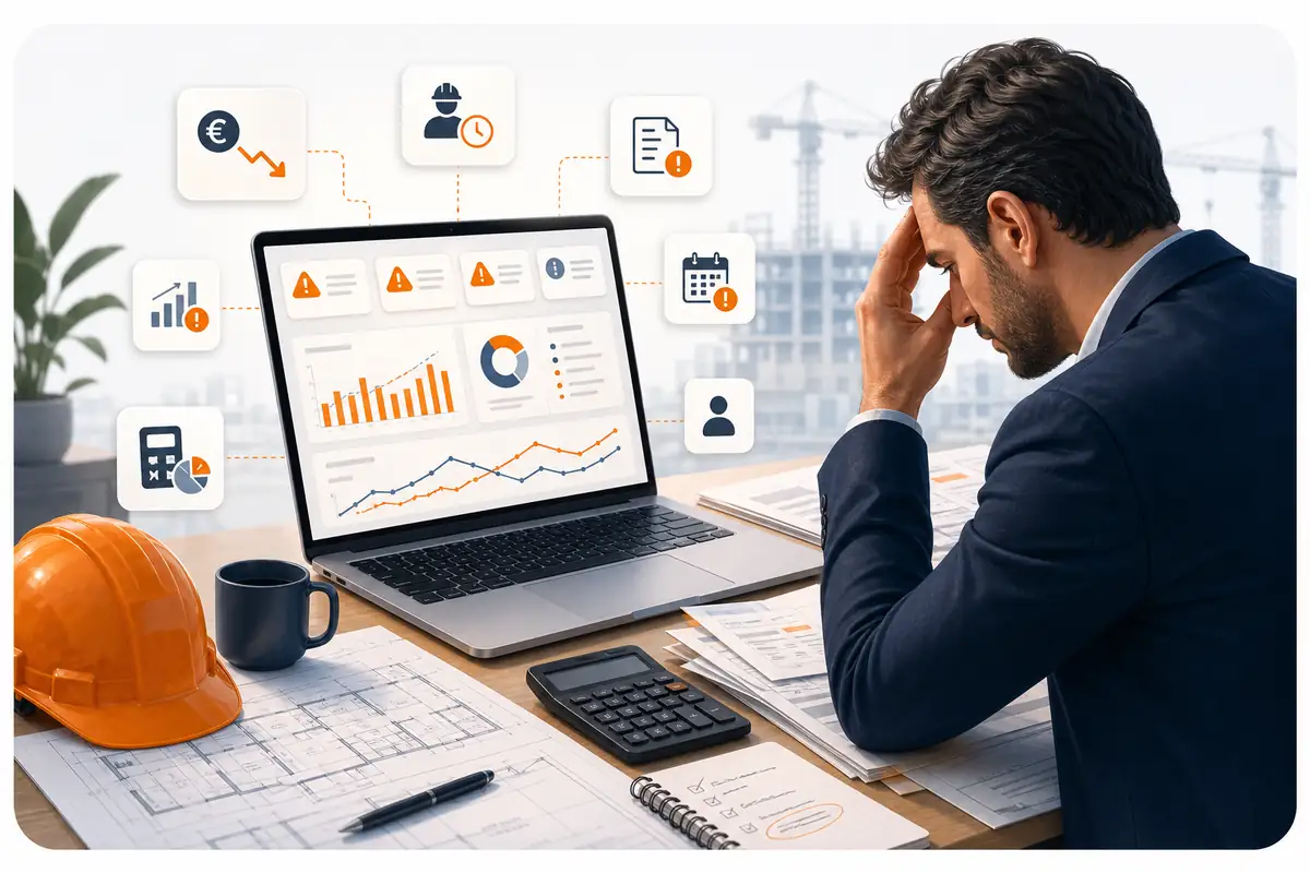 Imprenditore edile che controlla margini, cassa e costi di cantiere